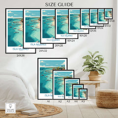 Isla Mujeres Poster - Mexico Travel Print - Coastal Town Wall Art size guide showcasing various dimensions.