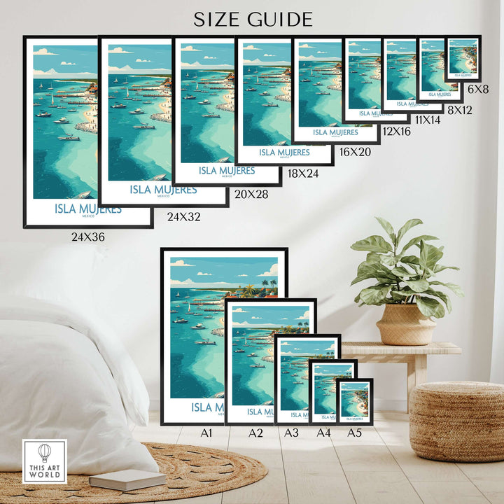 Size guide for Isla Mujeres poster prints in various dimensions, showcasing coastal town art and decor.