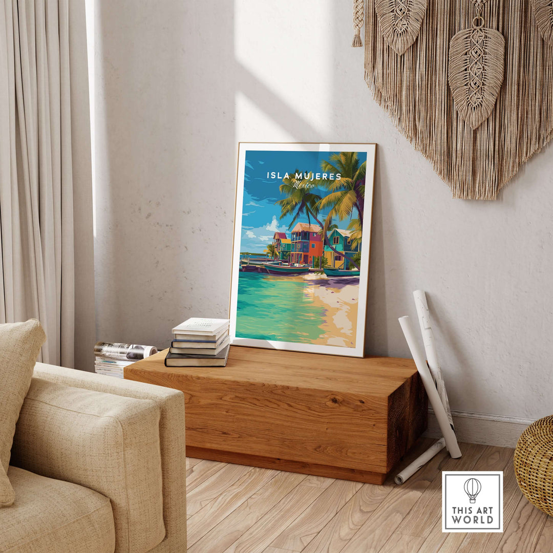 Isla Mujeres travel print showcasing vibrant beach art in a cozy living room setting.