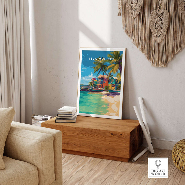 Isla Mujeres travel print showcasing vibrant beach art in a cozy living room setting.
