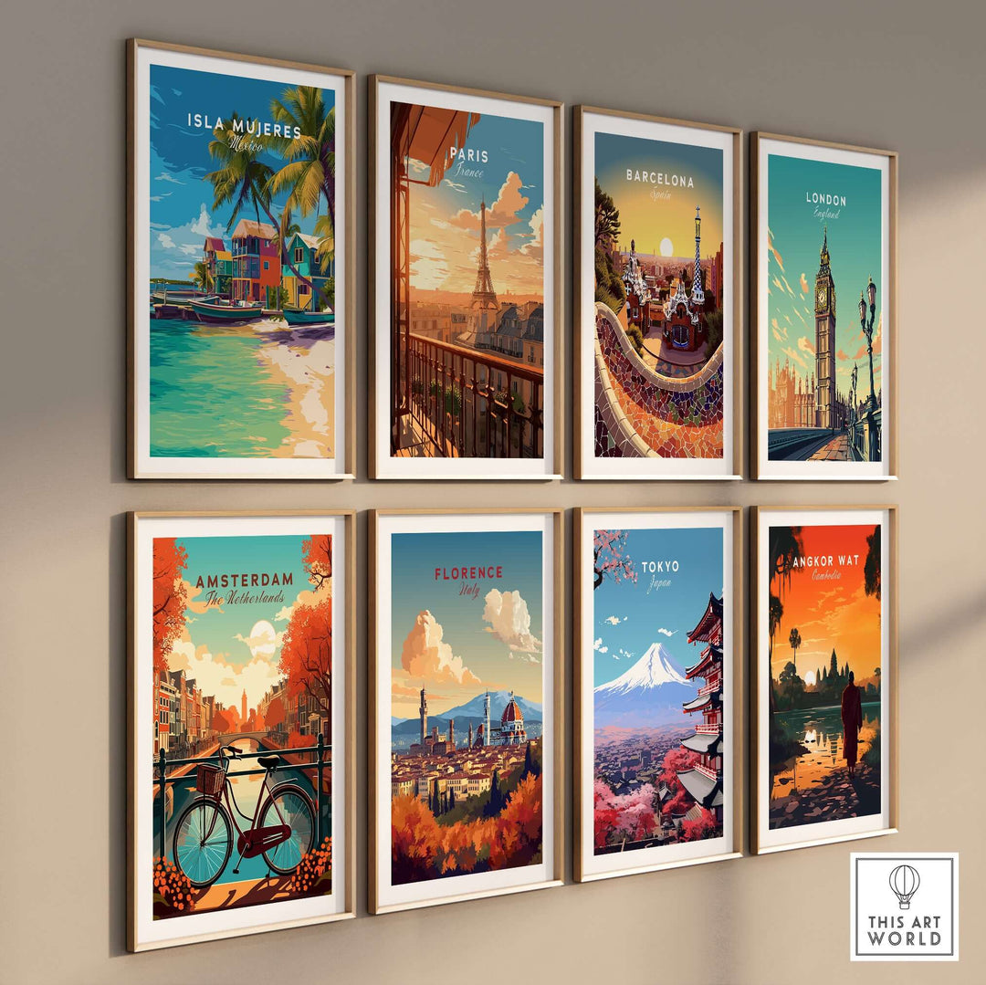 Colorful travel prints featuring Isla Mujeres, Paris, Barcelona, London, Amsterdam, Florence, Tokyo, and Angkor Wat on a gallery wall.