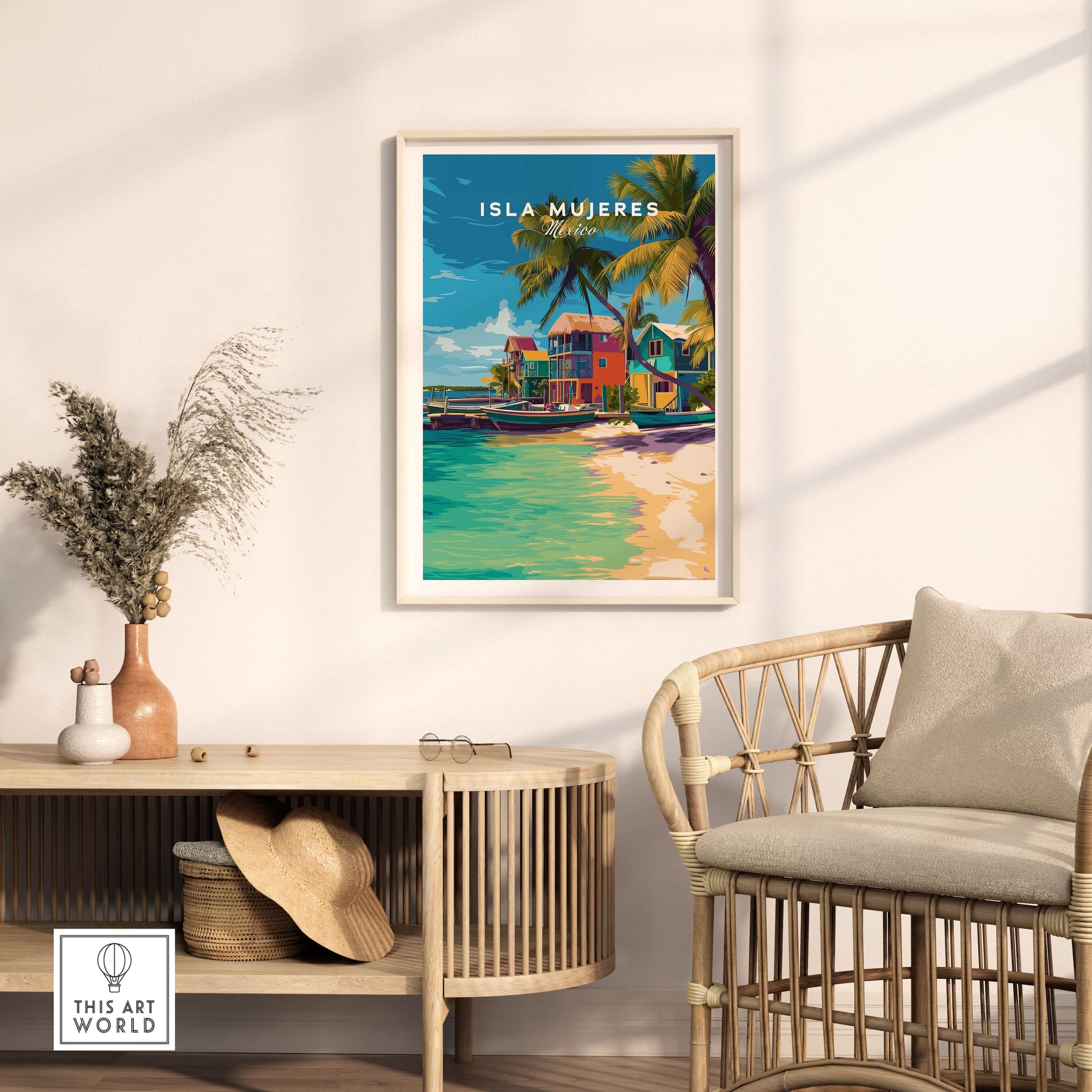Isla Mujeres Travel Print - Mexico Beach Wall Art featuring colorful beach scene and tropical vibes.