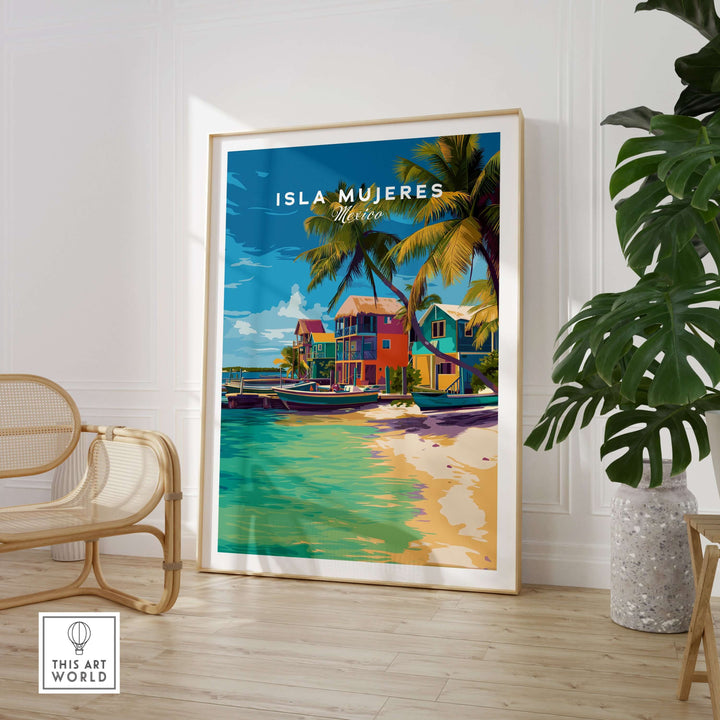 Isla Mujeres travel print featuring vibrant beach scene and palm trees, perfect for coastal home décor.