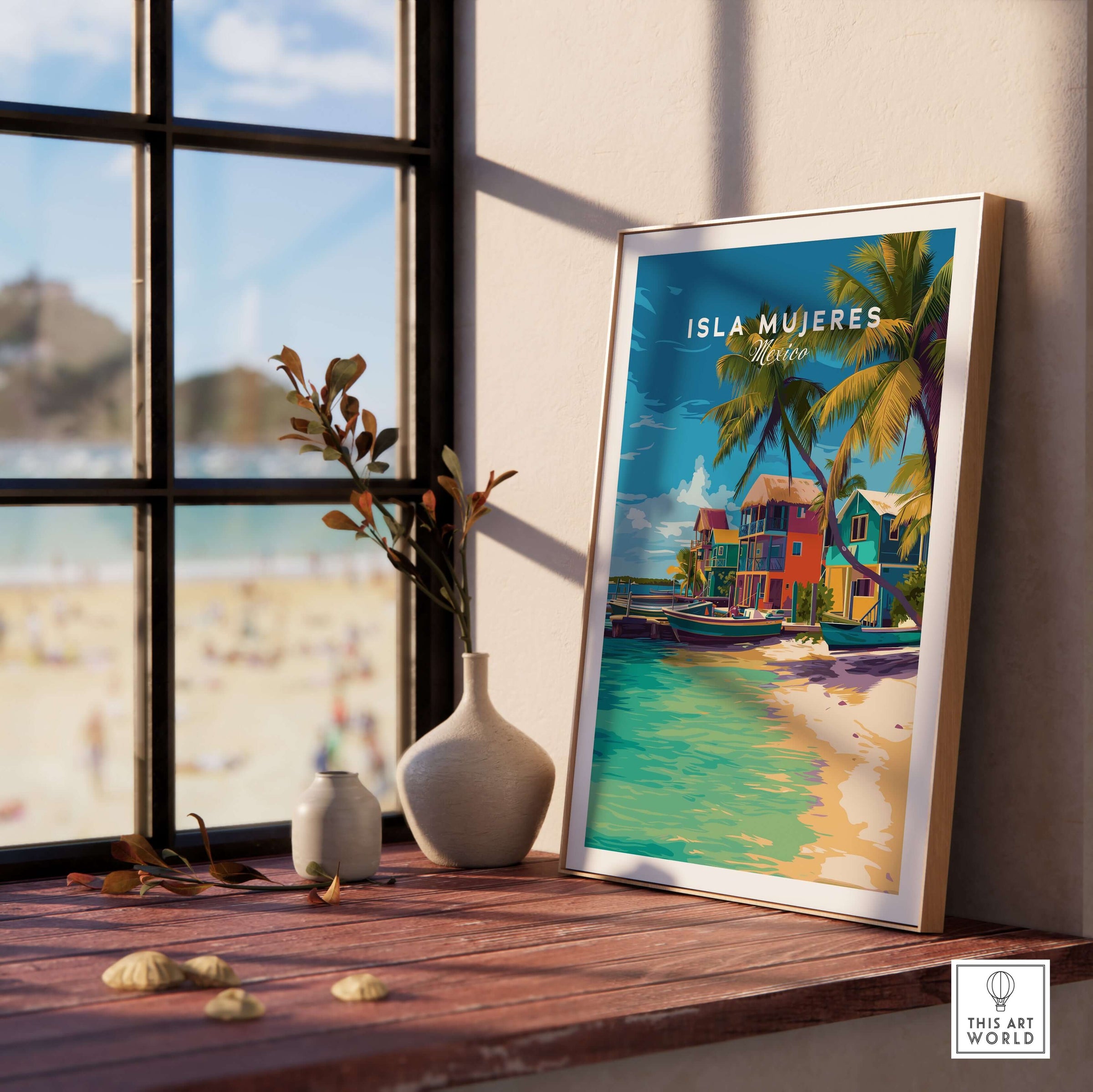 Isla Mujeres Travel Print - Mexico Beach Wall Art displayed in a sunlit room with a view of the beach.