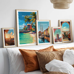 Isla Mujeres Travel Print - Mexico Beach Wall Art displayed among other travel prints on a stylish wall.