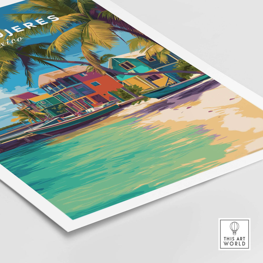Isla Mujeres travel print featuring colorful beach houses and palm trees, ideal for tropical home décor.