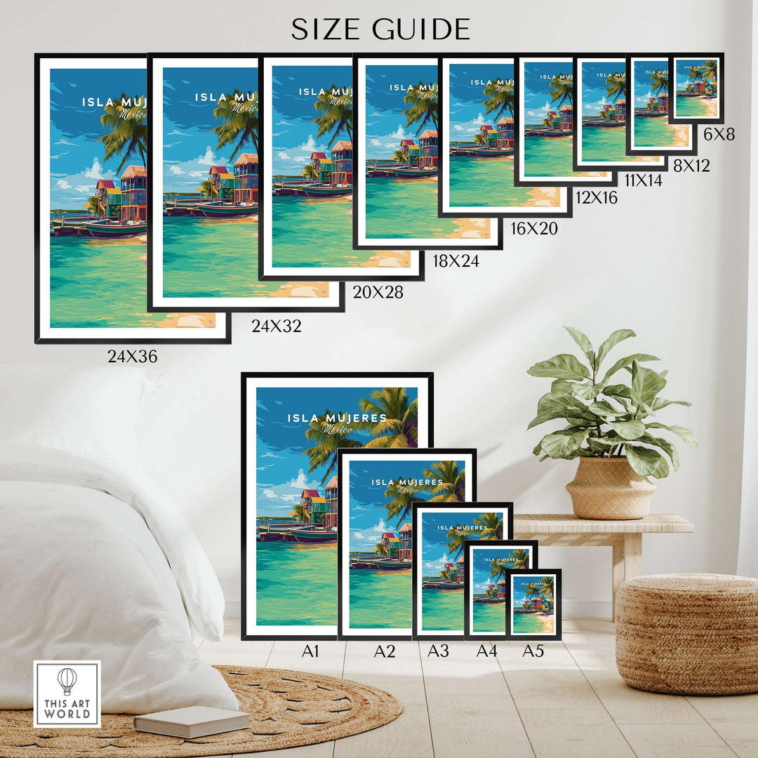 Isla Mujeres travel print size guide showcasing various frame sizes for beach wall art.
