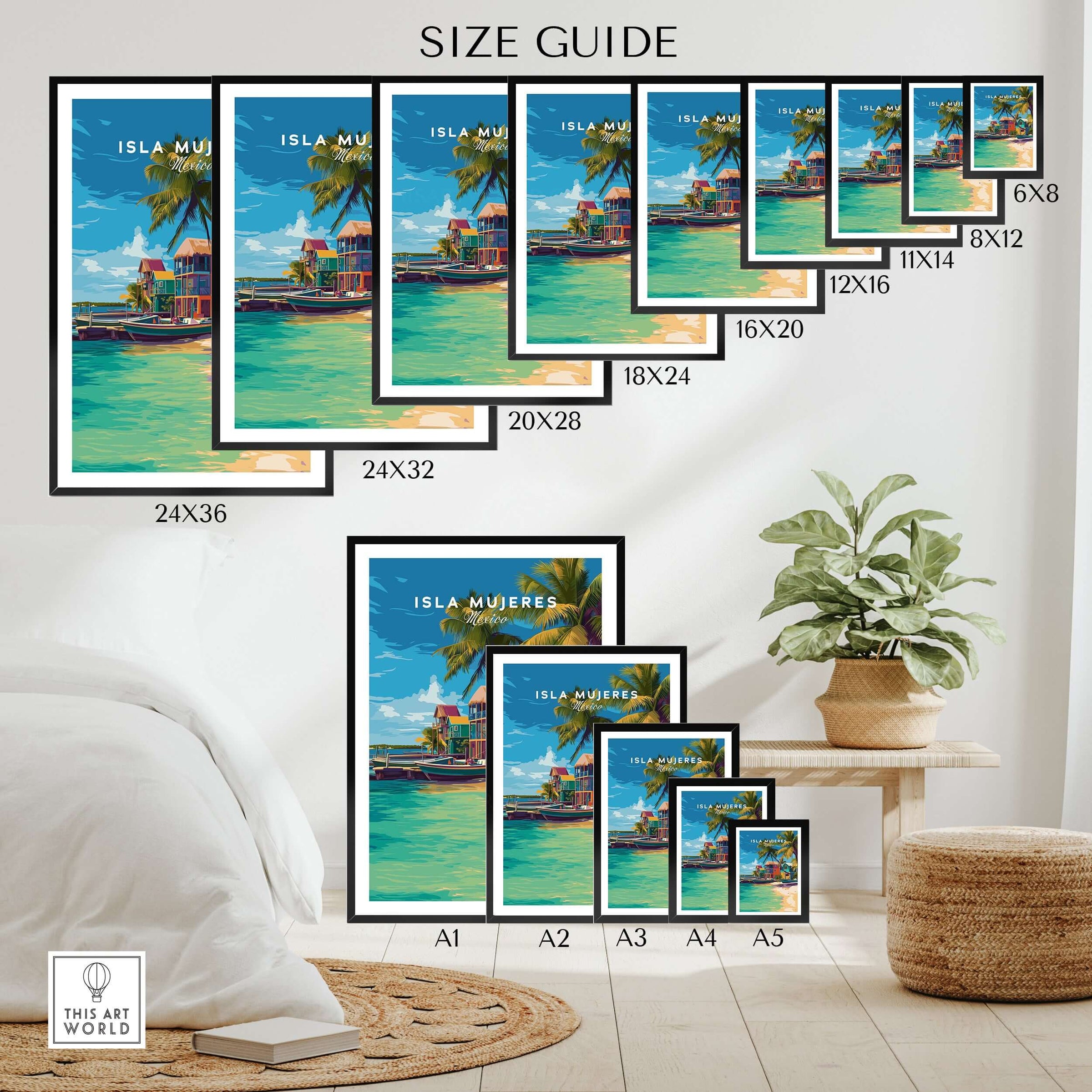 Isla Mujeres Travel Print - Mexico Beach Wall Art size guide illustration featuring various frame sizes.