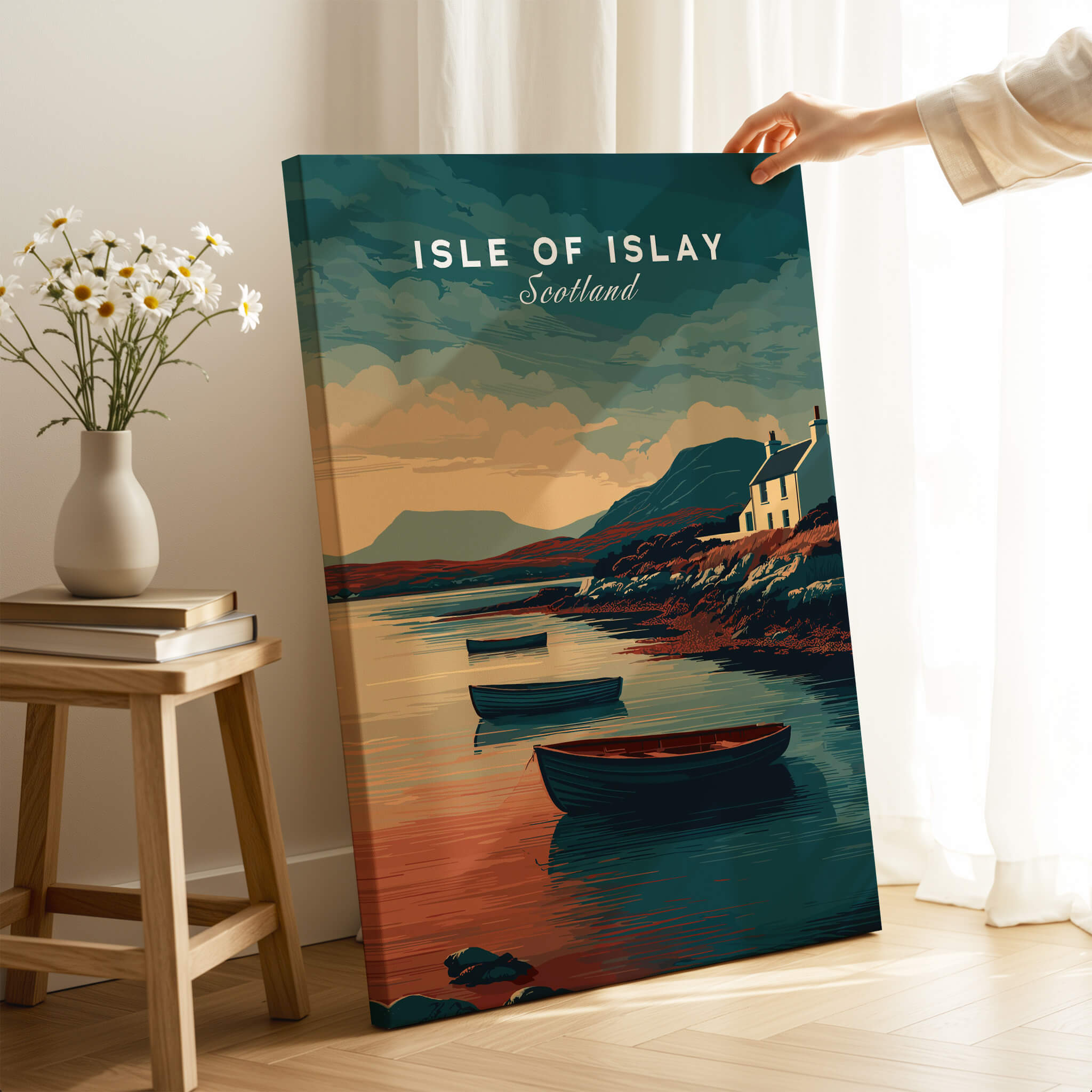 Isle of Islay Scotland Wall Art Print | Coastal Boats Travel Poster showcasing scenic coastal views and fishing boats.