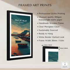 Isle of Islay Scotland Wall Art Print | Coastal Boats Travel Poster framed with a black wooden frame and plexiglass.