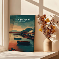 Isle of Islay Scotland Wall Art Print | Coastal Boats Travel Poster showcasing coastal scenery and boats by the shore.