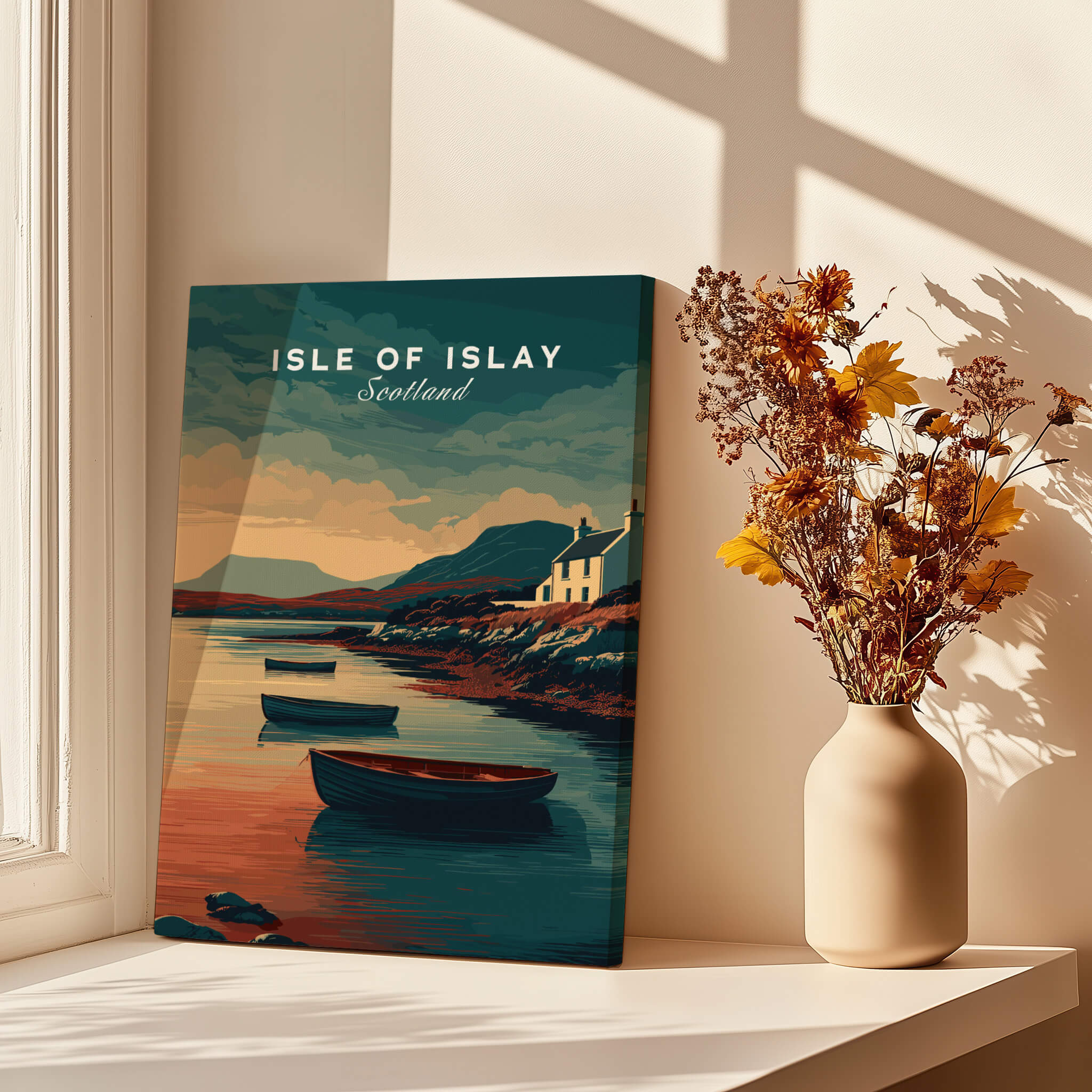 Isle of Islay Scotland Wall Art Print | Coastal Boats Travel Poster showcasing coastal scenery and boats by the shore.