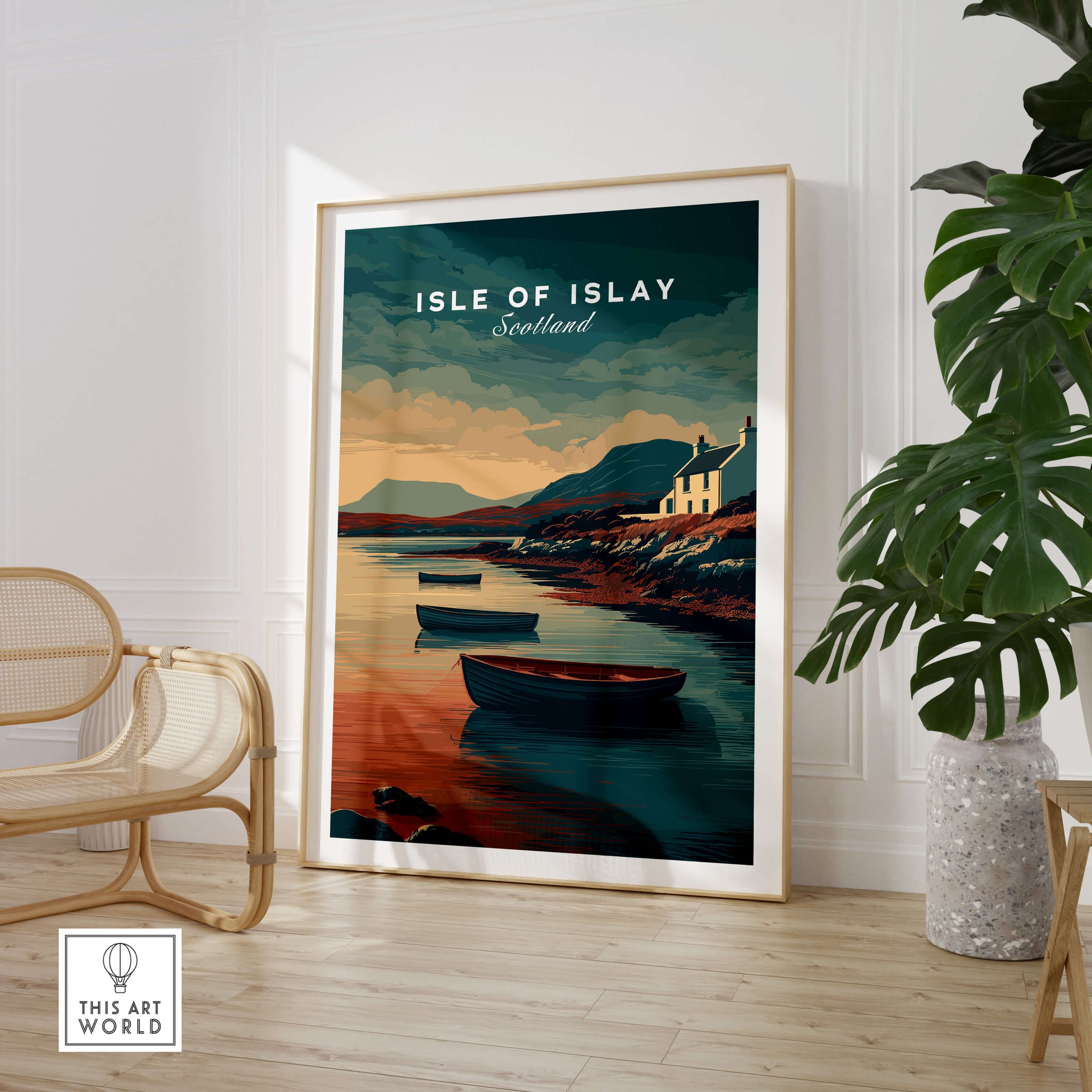 Isle of Islay Scotland Wall Art Print | Coastal Boats Travel Poster featuring coastal boats and stunning scenery.