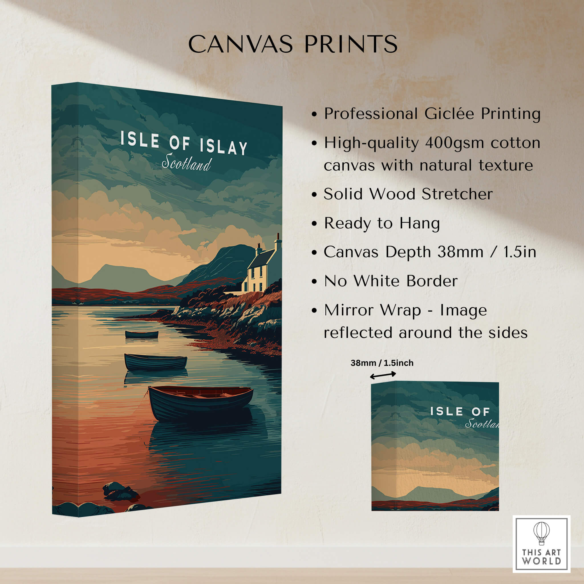 Isle of Islay Scotland Wall Art Print | Coastal Boats Travel Poster showcasing maritime heritage and picturesque harbor.