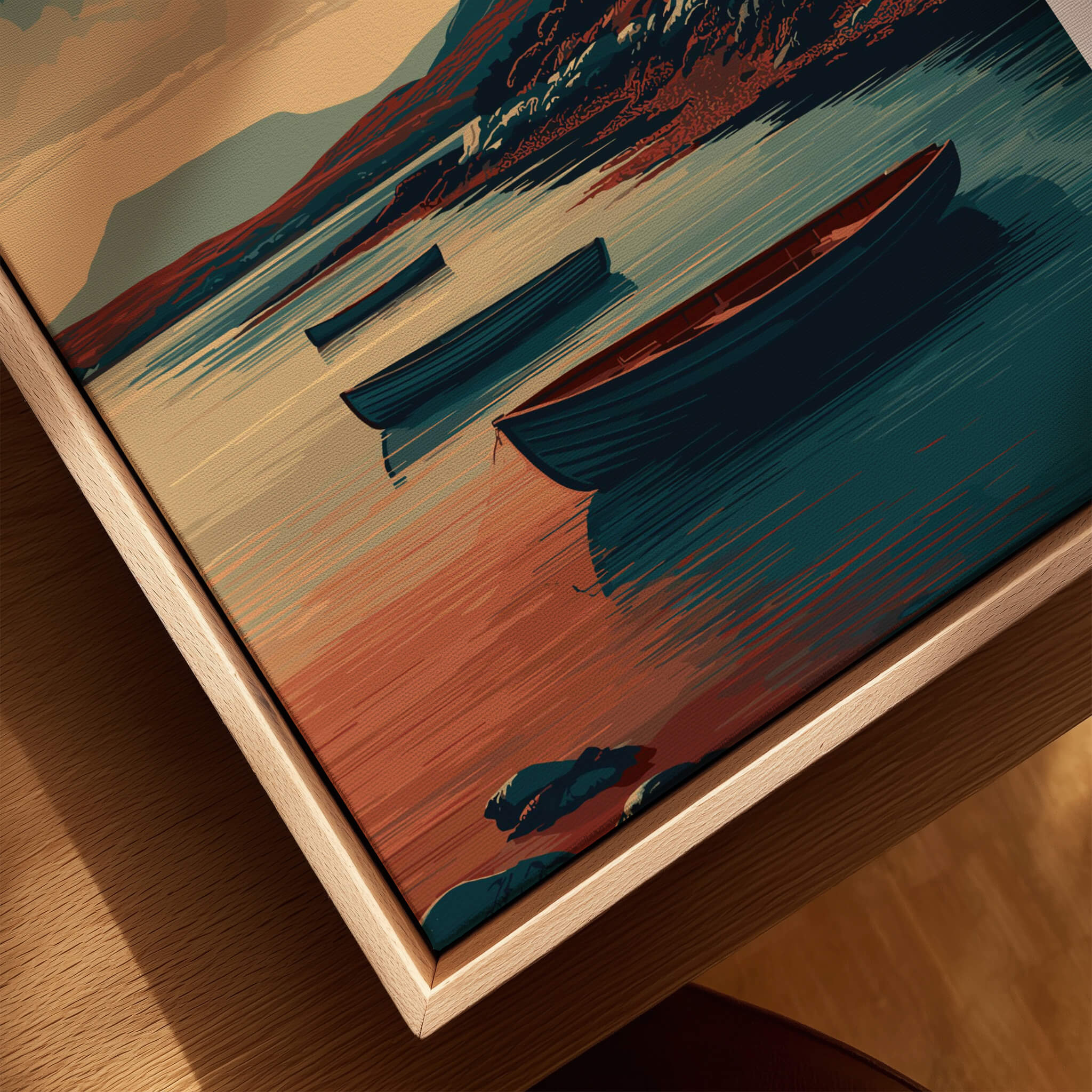 Isle of Islay Scotland Wall Art Print | Coastal Boats Travel Poster featuring colorful boats on a serene harbor.
