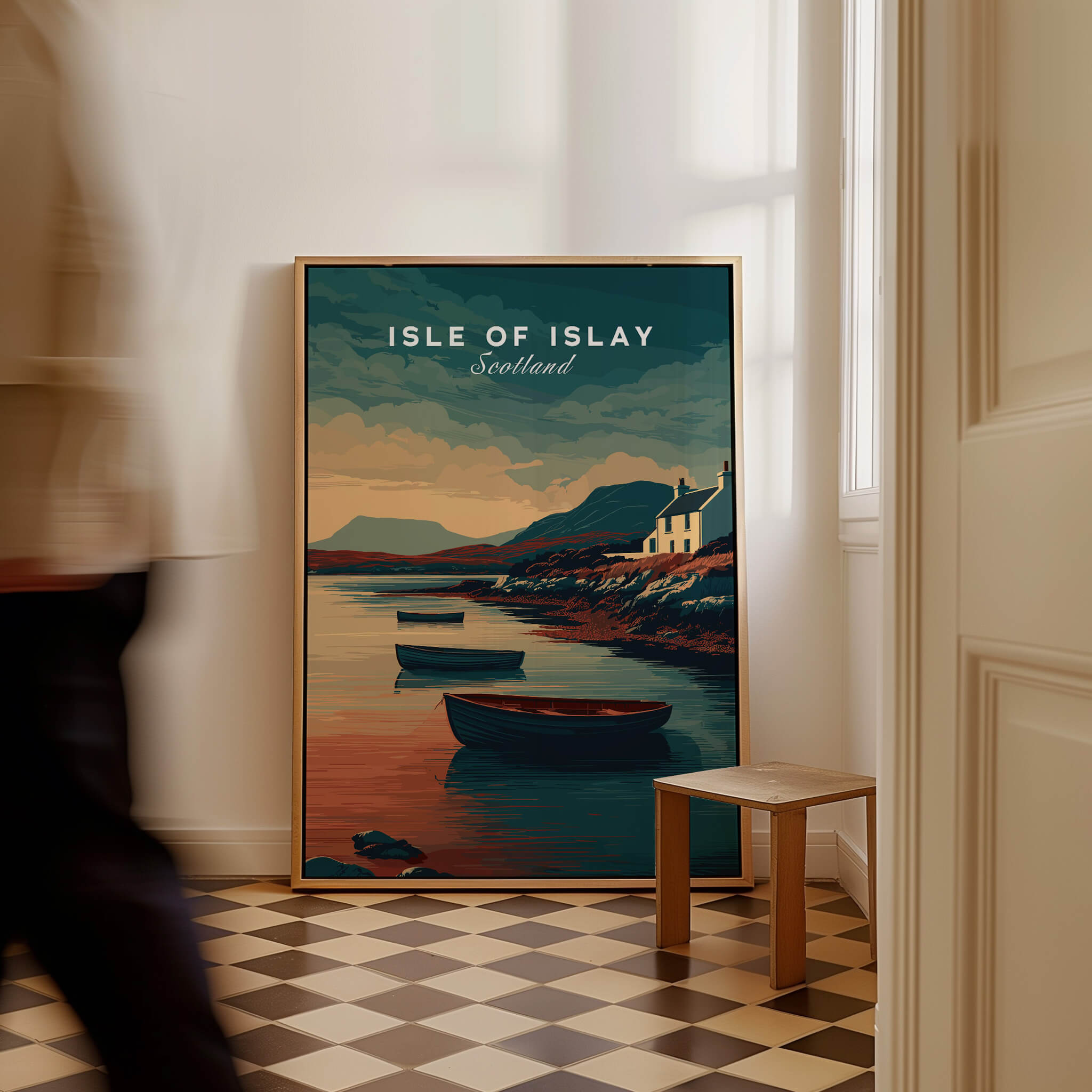 Isle of Islay Scotland Wall Art Print | Coastal Boats Travel Poster showcasing scenic coastal views and fishing boats.