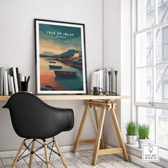 Isle of Islay Scotland Wall Art Print | Coastal Boats Travel Poster in a modern office setting with a stylish chair.
