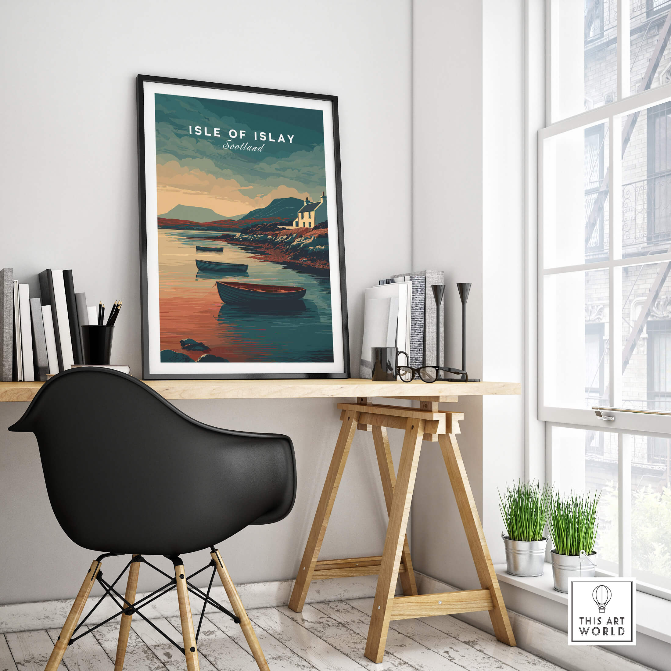 Isle of Islay Scotland Wall Art Print | Coastal Boats Travel Poster in a modern office setting with a stylish chair.
