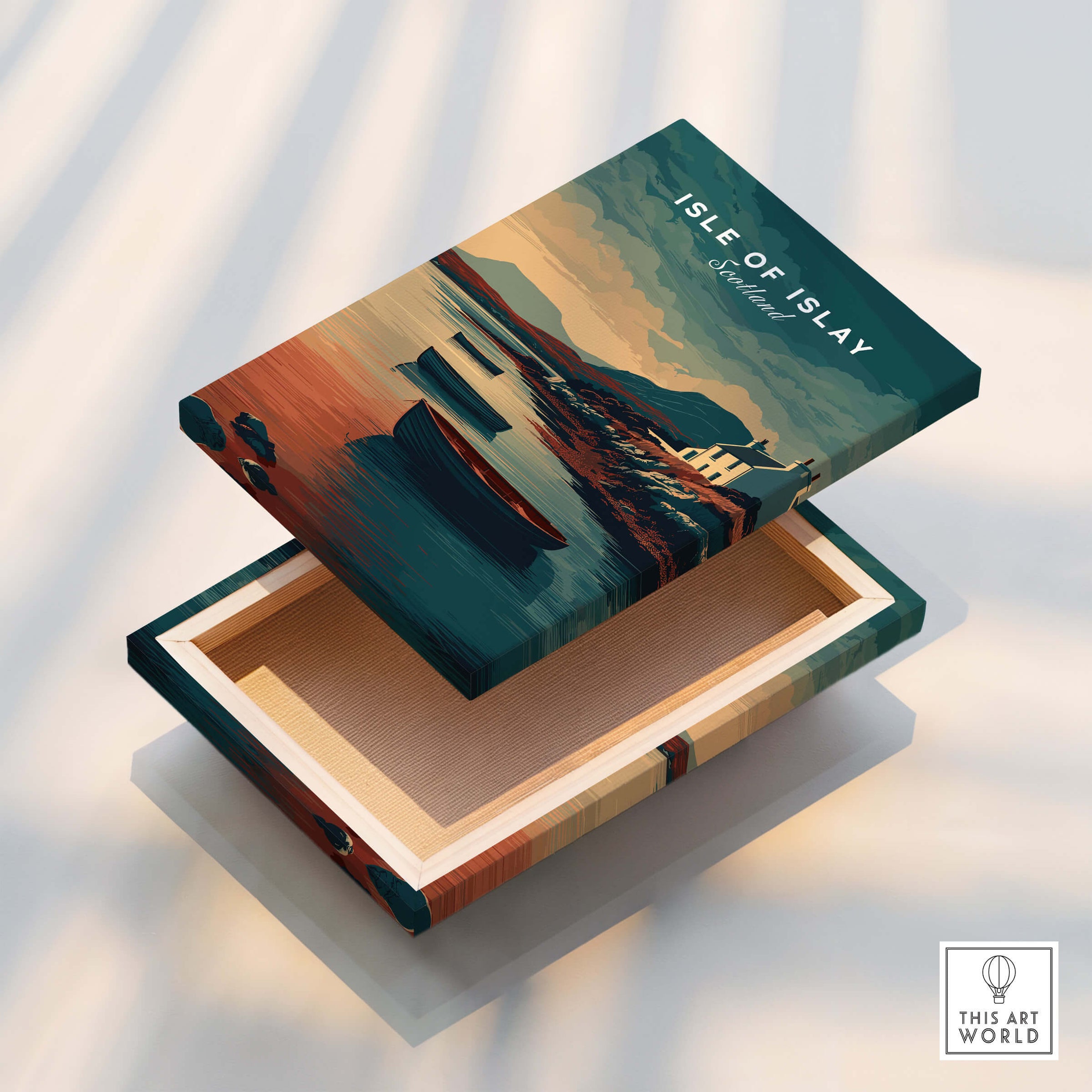 Isle of Islay Scotland Wall Art Print | Coastal Boats Travel Poster decorative wooden box featuring scenic artwork.