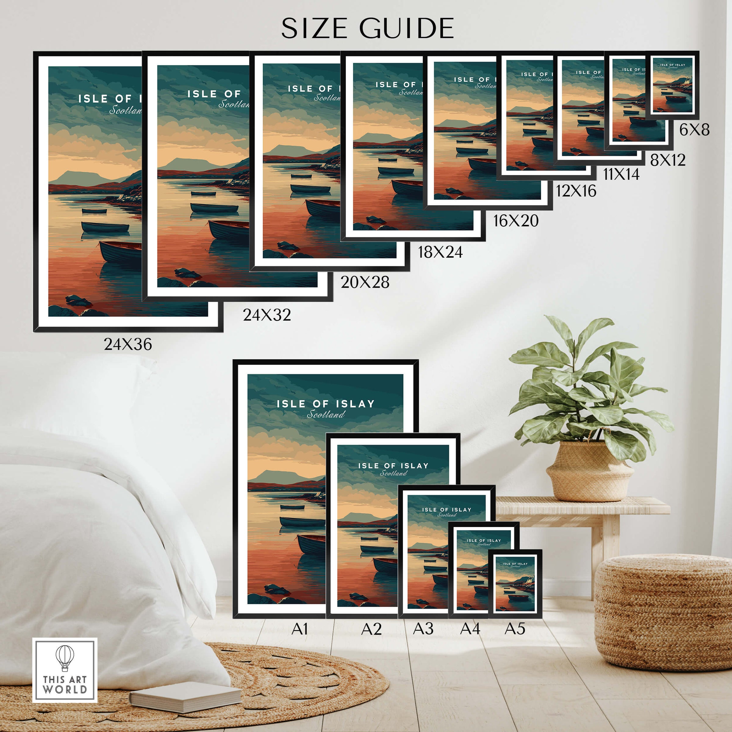 Isle of Islay Scotland Wall Art Print | Coastal Boats Travel Poster size guide showing different print sizes.