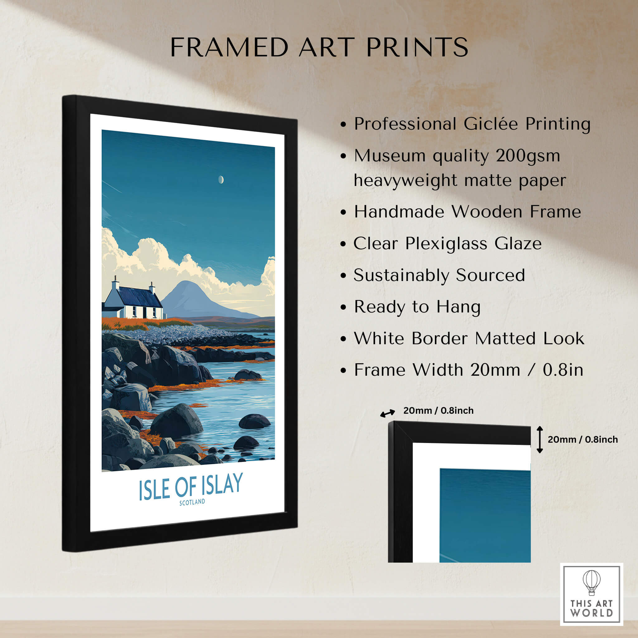 Isle of Islay Scotland Poster | Remote Scottish Coastal Scene Canvas Print framed in a stylish black wooden frame.