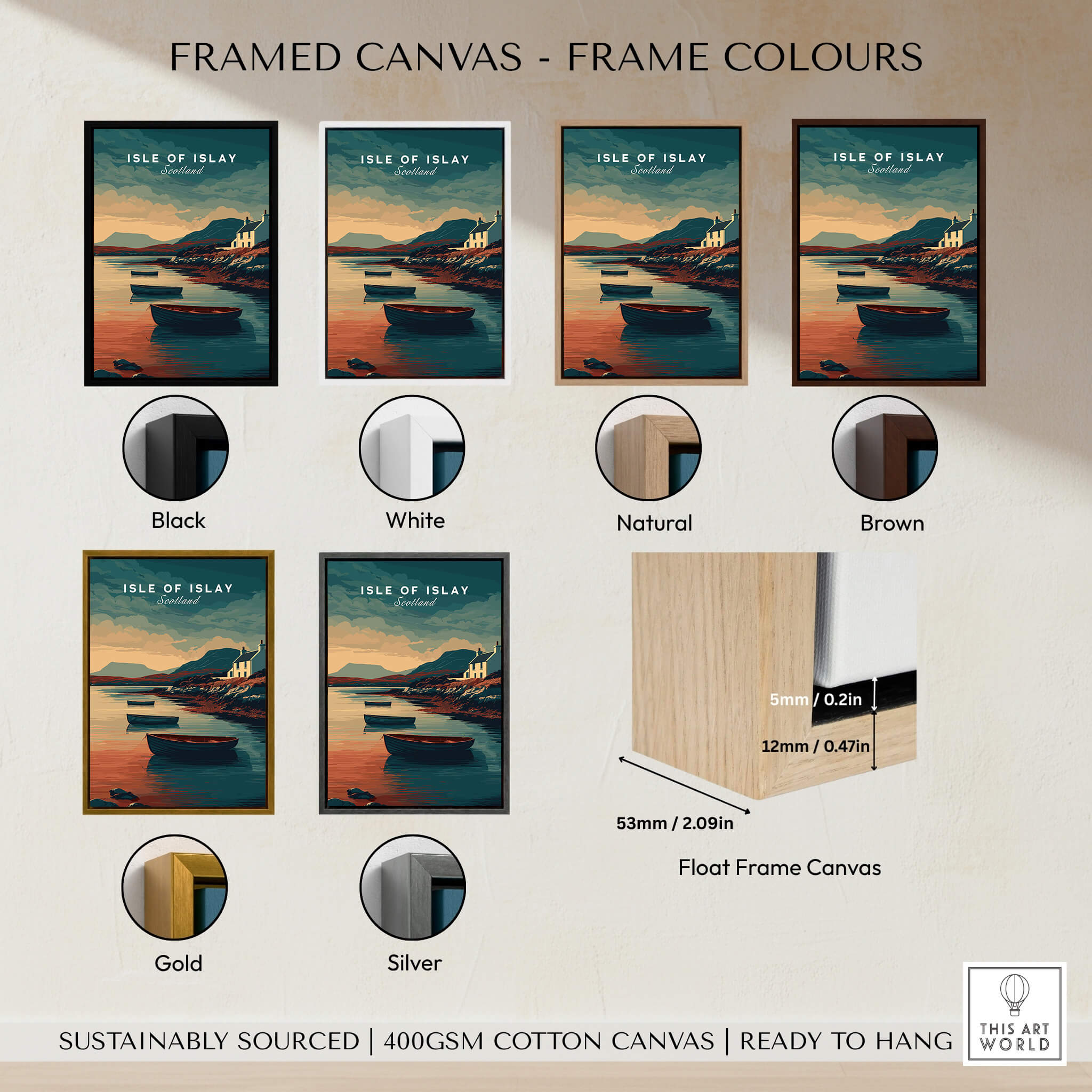 Isle of Islay Scotland Wall Art Print | Coastal Boats Travel Poster with various frame color options displayed.