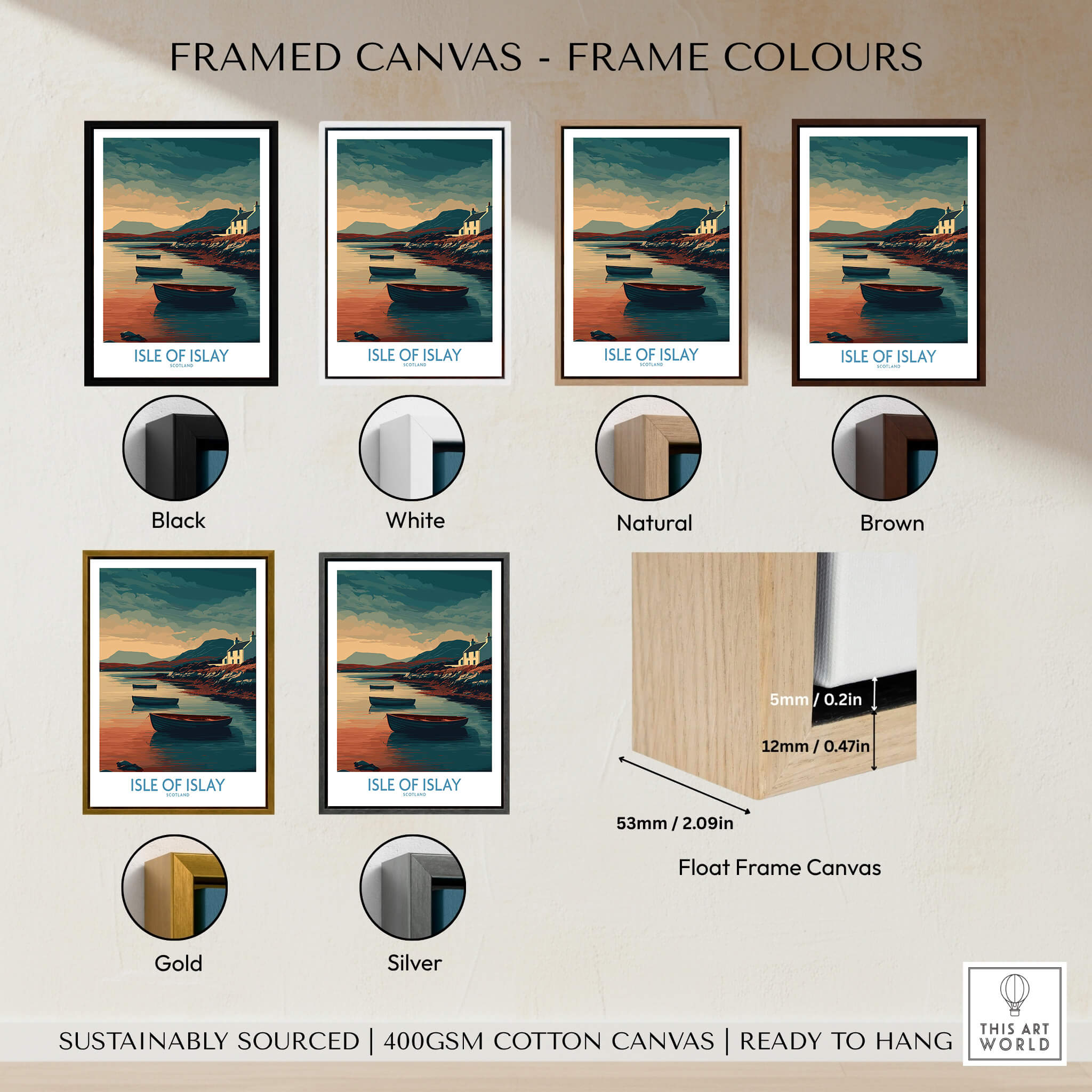 Isle of Islay Scotland Posters | Scottish Highland Seascape Canvas Print framed in various color options including Black, White, Natural, Brown, Gold, Silver.