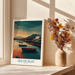 Isle of Islay Scotland Posters | Scottish Highland Seascape Canvas Print displayed in a sunlit room with a vase of flowers.