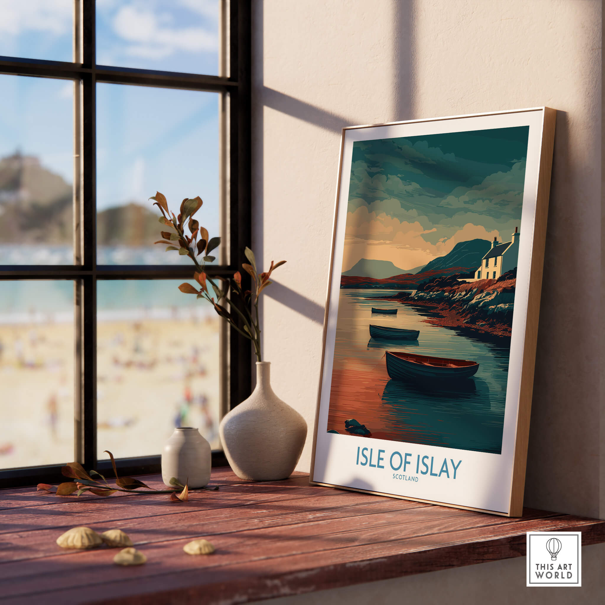 Isle of Islay Scotland Posters | Scottish Highland Seascape Canvas Print displayed on a table by the window.