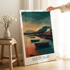 Isle of Islay Scotland Posters | Scottish Highland Seascape Canvas Print showcasing a scenic view with boats and coastal landscape.