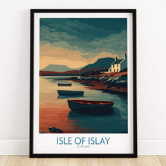 Isle of Islay Scotland Posters | Scottish Highland Seascape Canvas Print featuring tranquil boats at sunset.