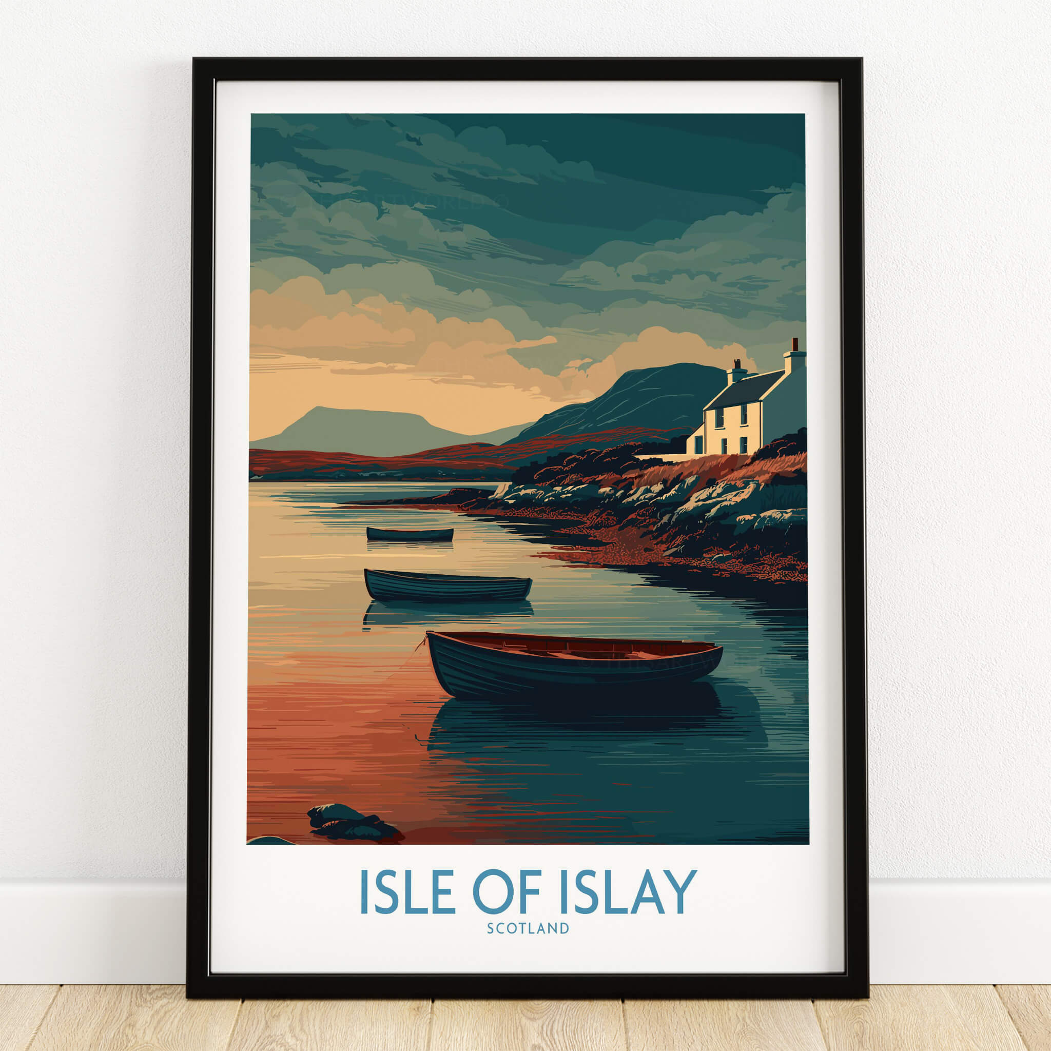 Isle of Islay Scotland Posters | Scottish Highland Seascape Canvas Print featuring tranquil boats at sunset.