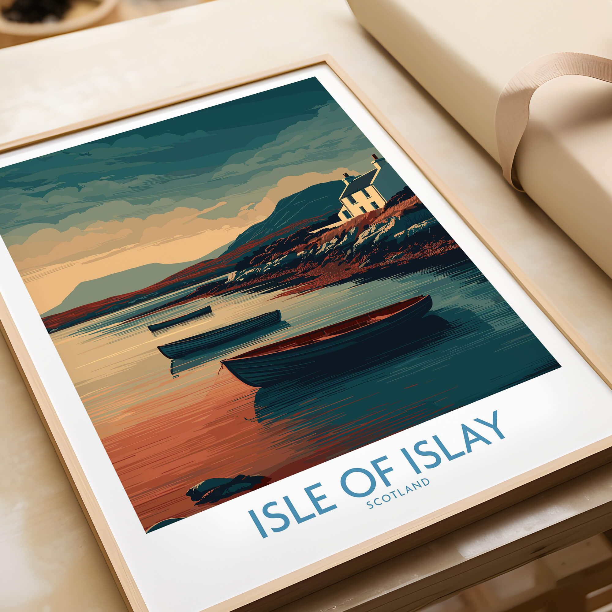 Isle of Islay Scotland Posters | Scottish Highland Seascape Canvas Print featuring boats and a coastal landscape.