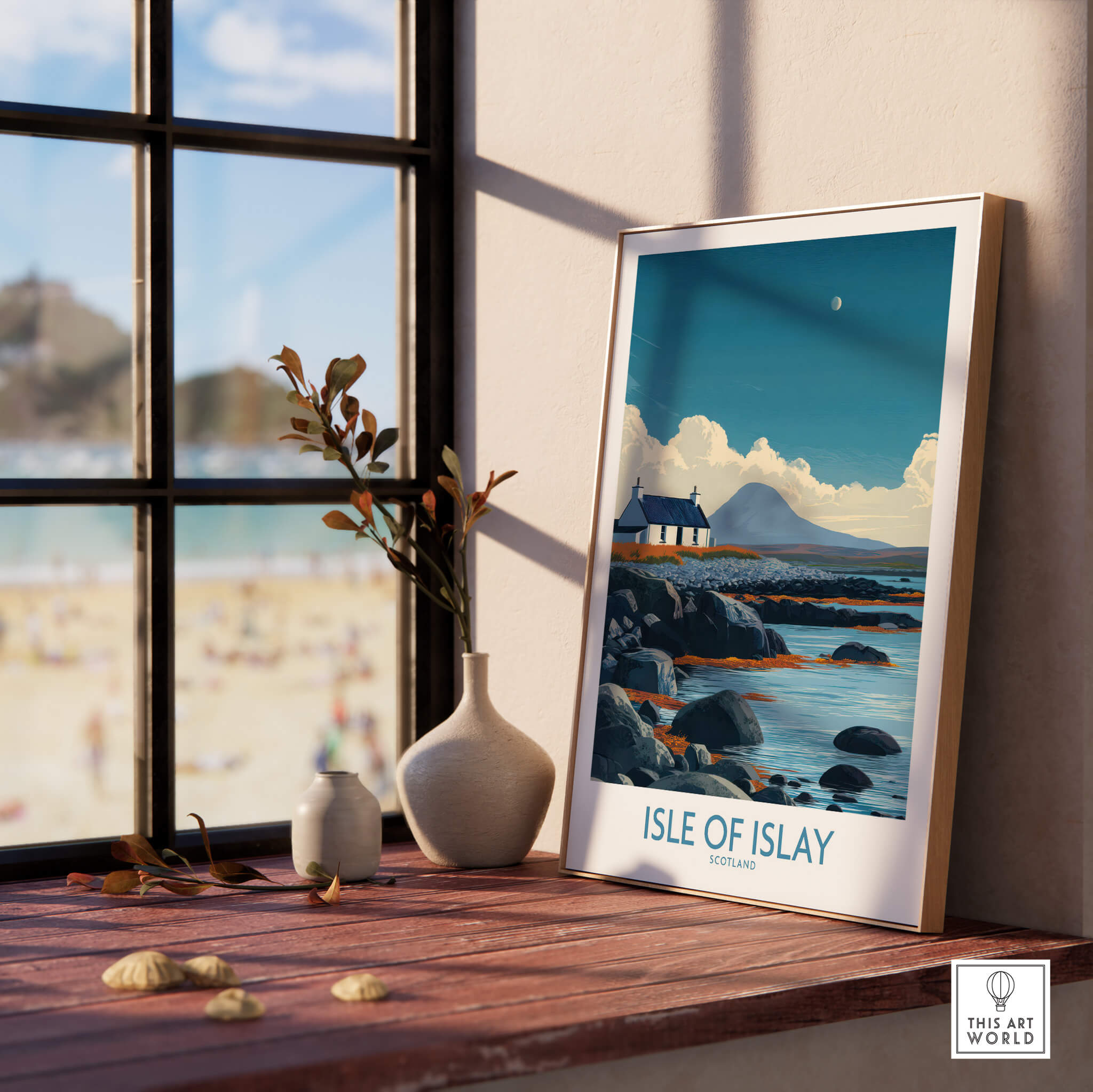 Isle of Islay Scotland Poster | Remote Scottish Coastal Scene Canvas Print displayed near a window with beach view.