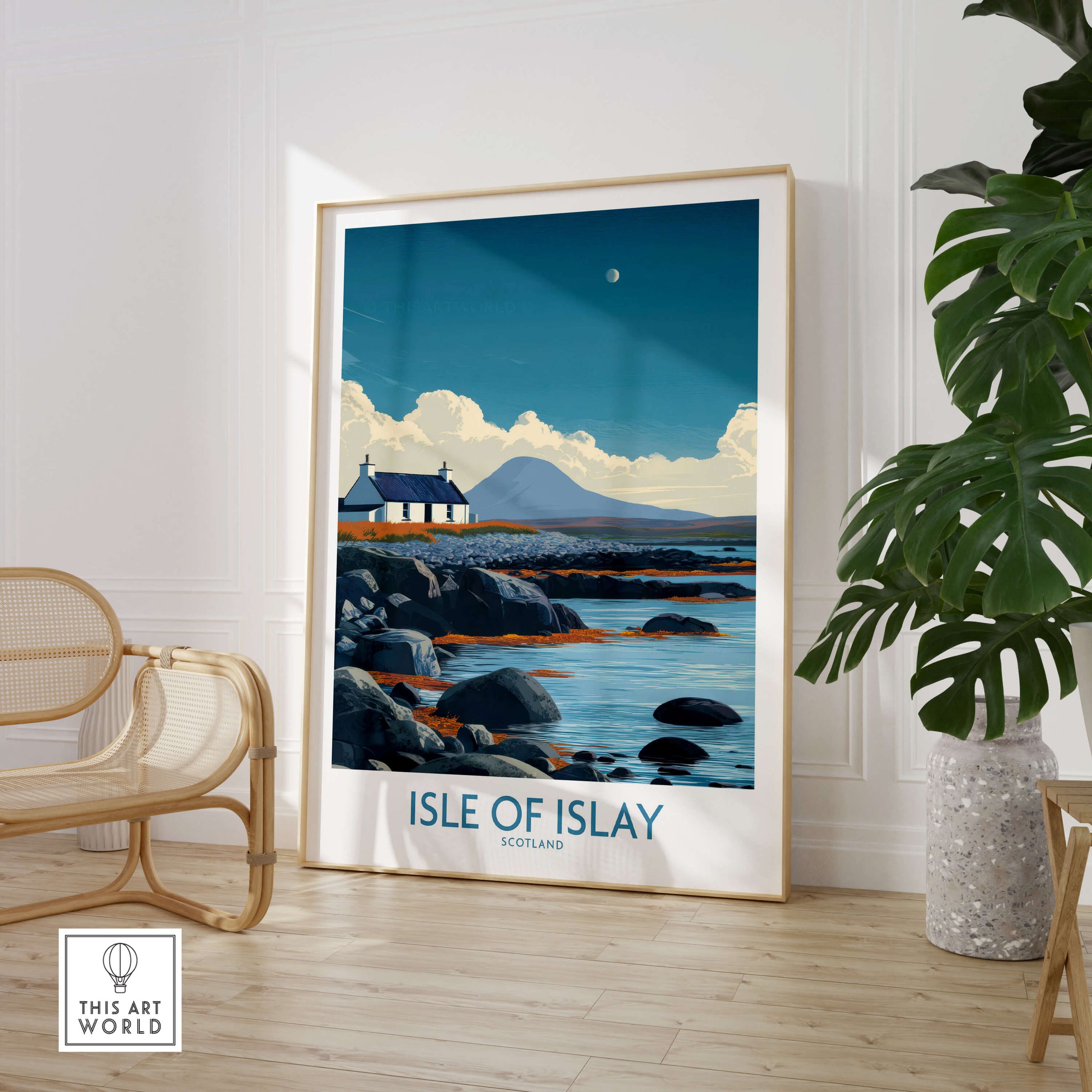 Isle of Islay Scotland Poster | Remote Scottish Coastal Scene Canvas Print displayed in a modern interior setting.