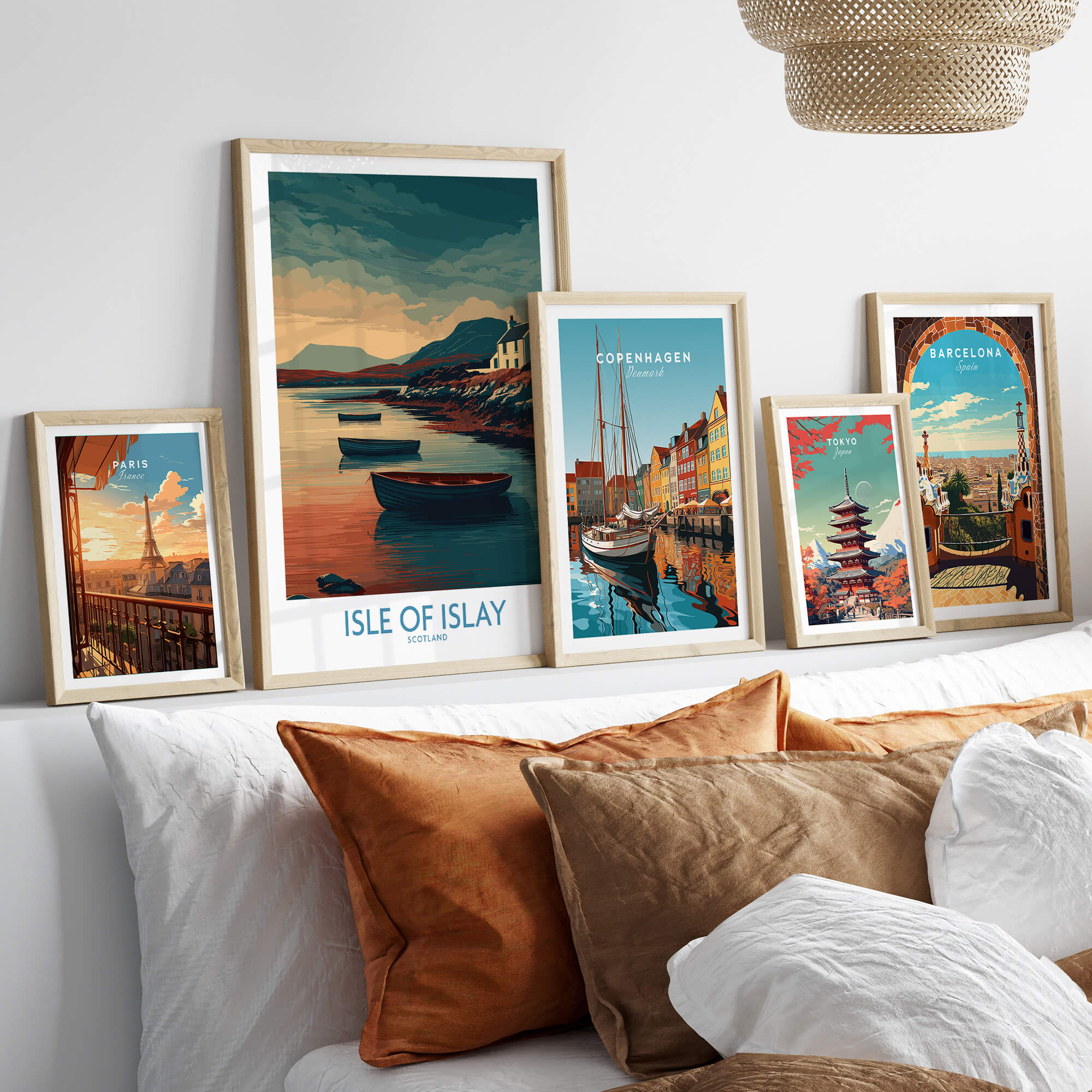 Isle of Islay Scotland Posters | Scottish Highland Seascape Canvas Print displayed on a cozy sofa.