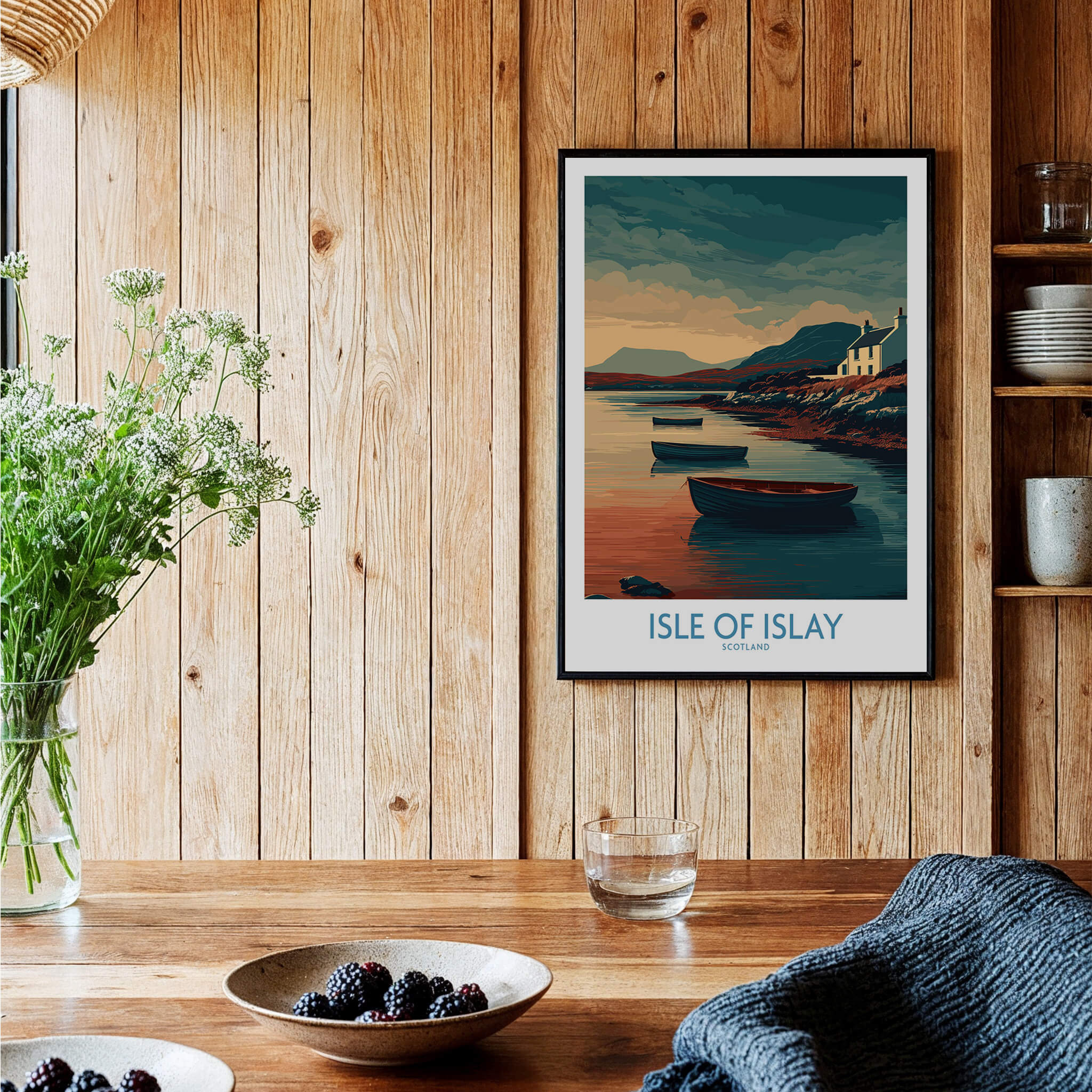 Isle of Islay Scotland Posters | Scottish Highland Seascape Canvas Print in a cozy home setting with wooden decor.