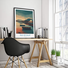 Isle of Islay Scotland Posters | Scottish Highland Seascape Canvas Print showcasing a serene coastal scene with boats.