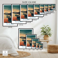 Isle of Islay Scotland Posters | Scottish Highland Seascape Canvas Print size guide showcasing various frame options.