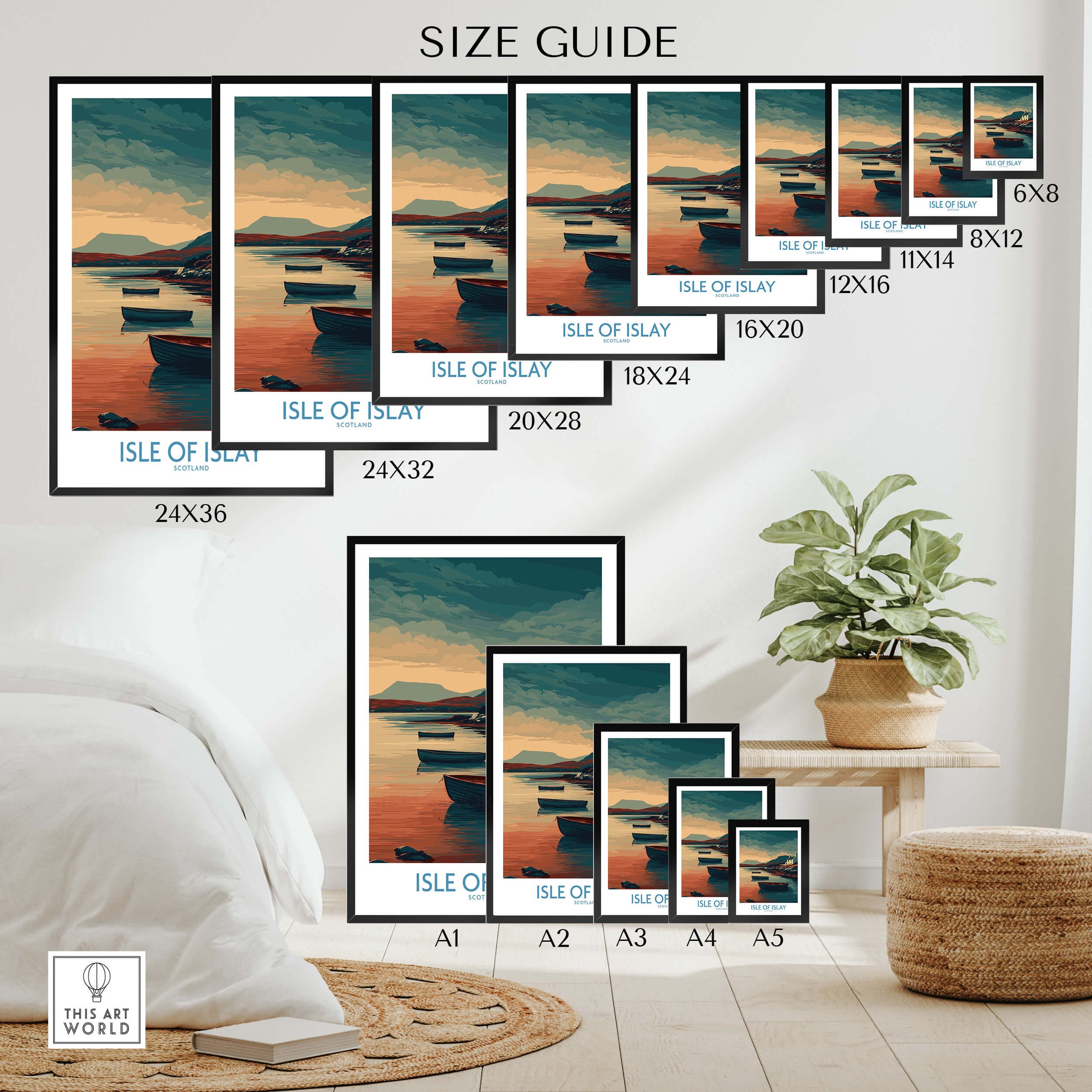 Isle of Islay Scotland Posters | Scottish Highland Seascape Canvas Print size guide showcasing various frame options.