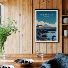 Isle of Islay Scotland Wall Art Print | Rocky Shore Travel Poster showcased in a cozy interior setting.
