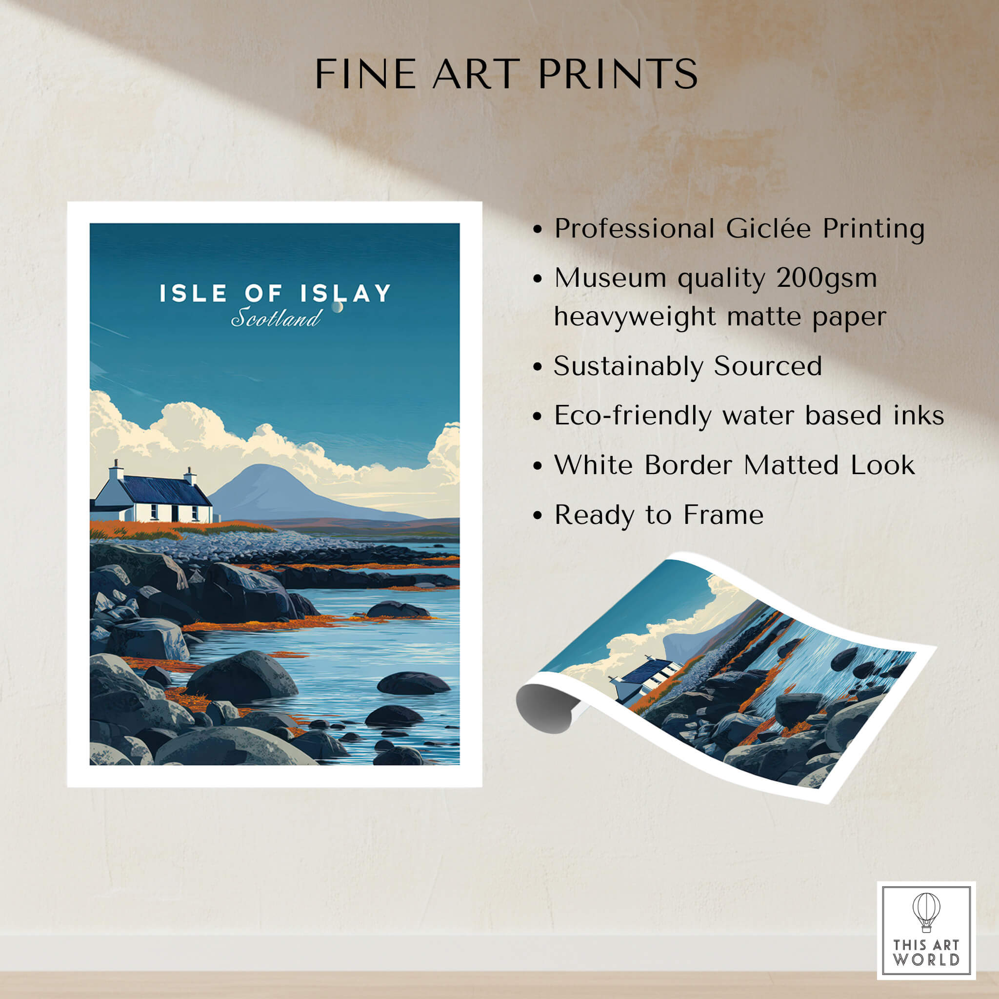 Isle of Islay Scotland Wall Art Print | Rocky Shore Travel Poster showcasing rugged coastline and beautiful landscape.