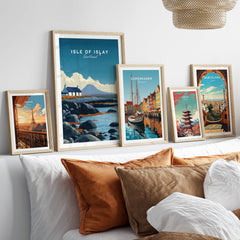 Isle of Islay Scotland Wall Art Print | Rocky Shore Travel Poster displayed among other travel posters.