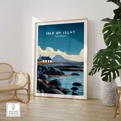 Isle of Islay Scotland Wall Art Print | Rocky Shore Travel Poster displayed in a modern interior setting with coastal views.
