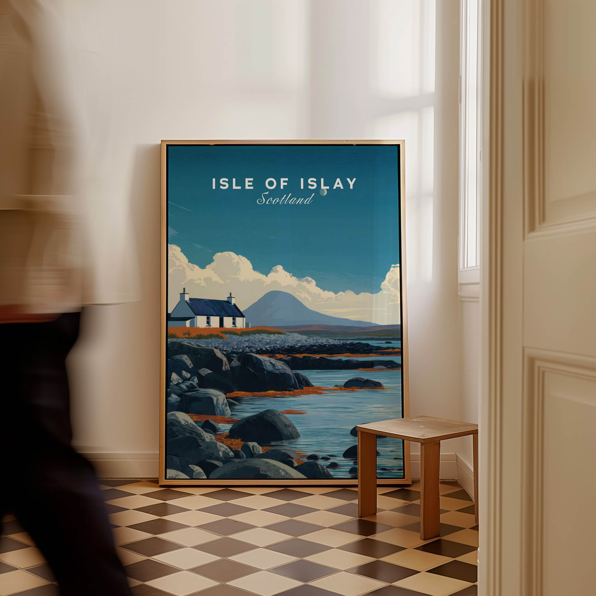Isle of Islay Scotland Wall Art Print | Rocky Shore Travel Poster displayed in a stylish interior setting.