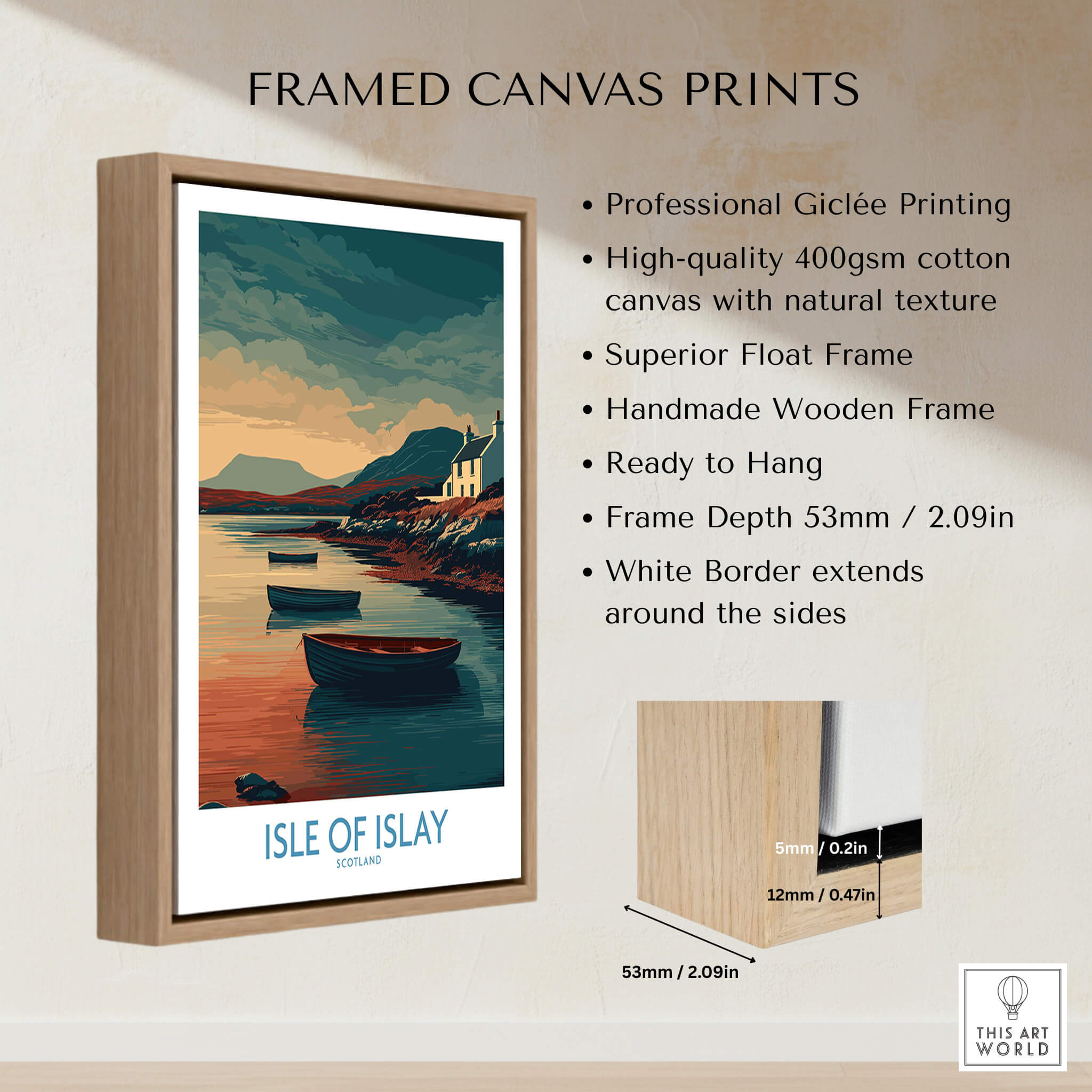 Isle of Islay Scotland Posters | Scottish Highland Seascape Canvas Print in a framed display with professional giclée printing.