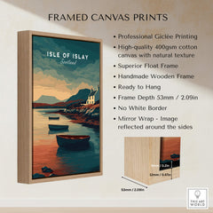 Isle of Islay Scotland Wall Art Print | Coastal Boats Travel Poster framed canvas print details with dimensions.