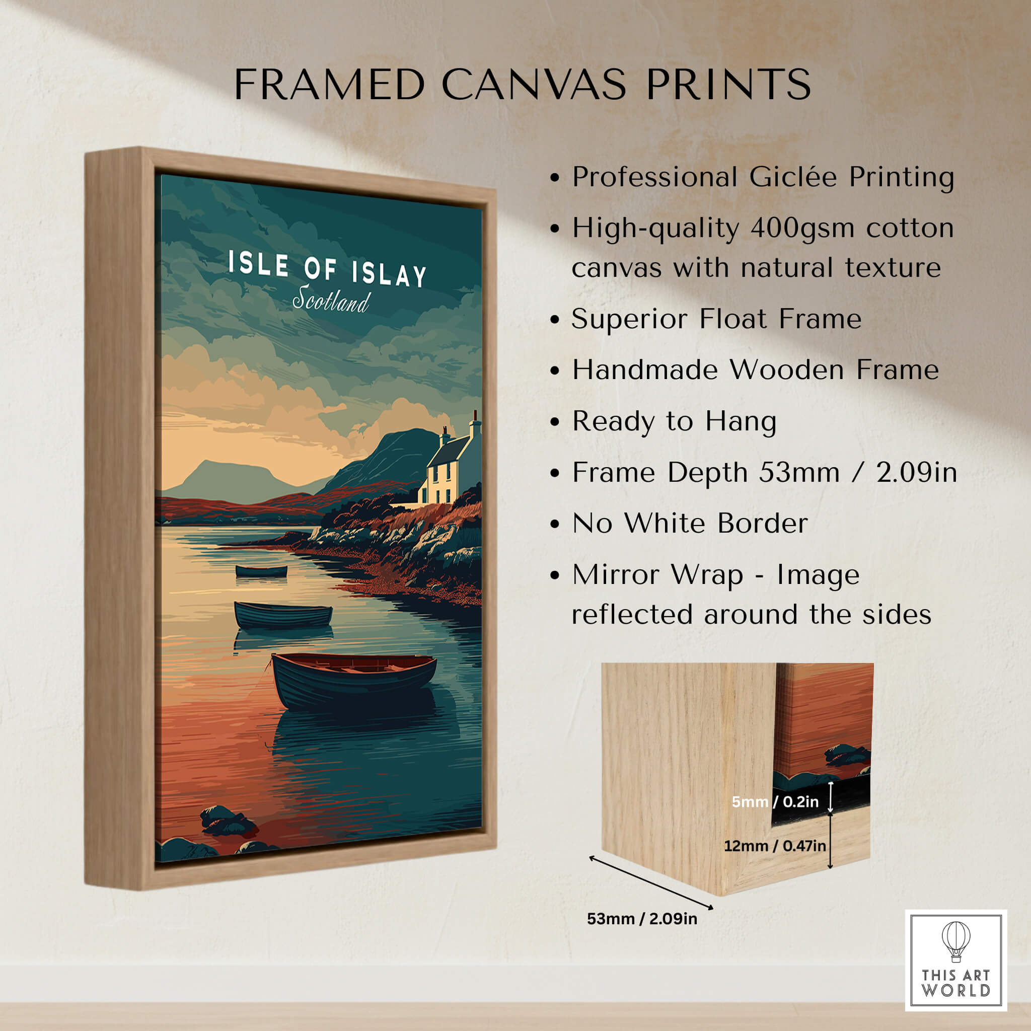 Isle of Islay Scotland Wall Art Print | Coastal Boats Travel Poster framed canvas print details with dimensions.