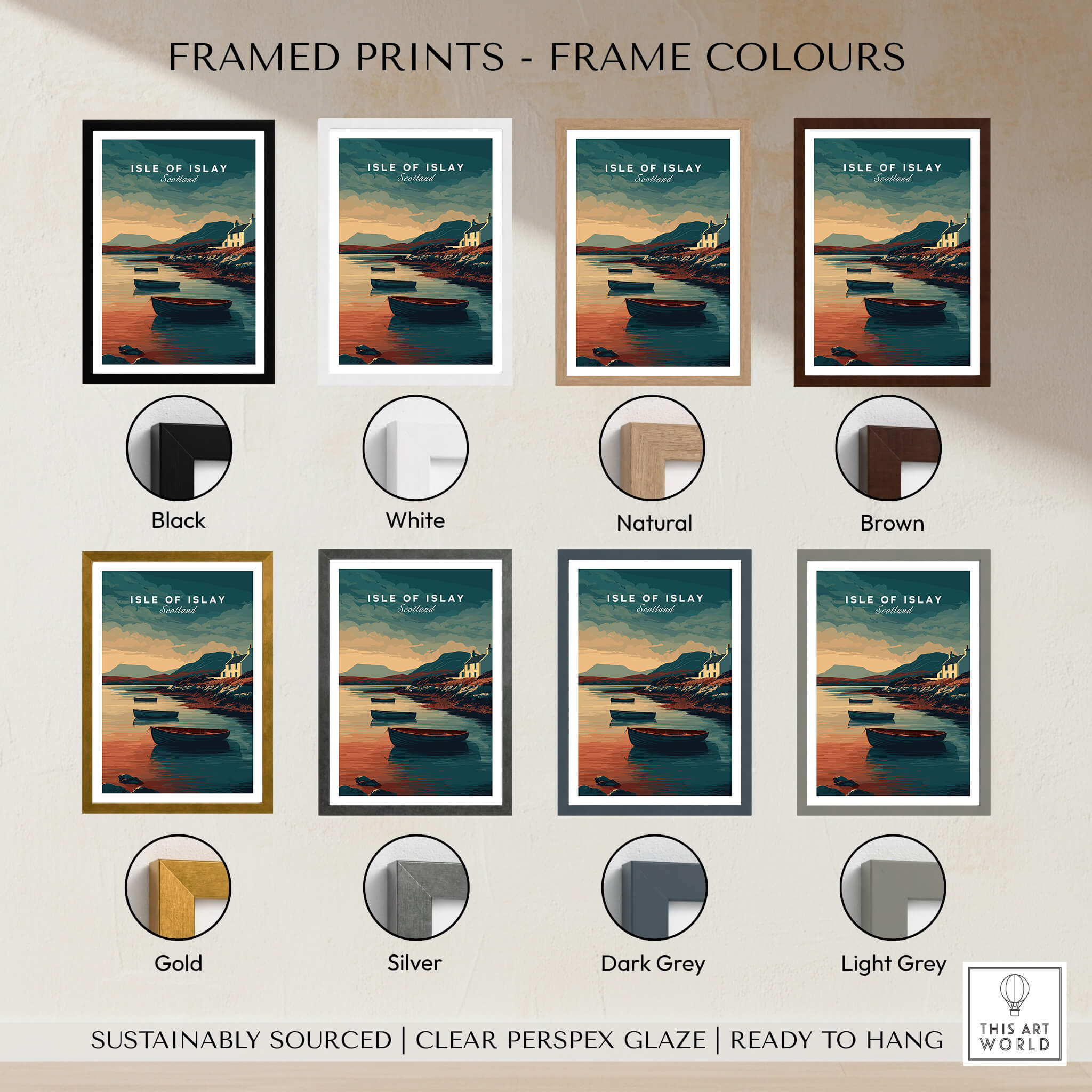 Isle of Islay Scotland Wall Art Print | Coastal Boats Travel Poster framed print options in various colors