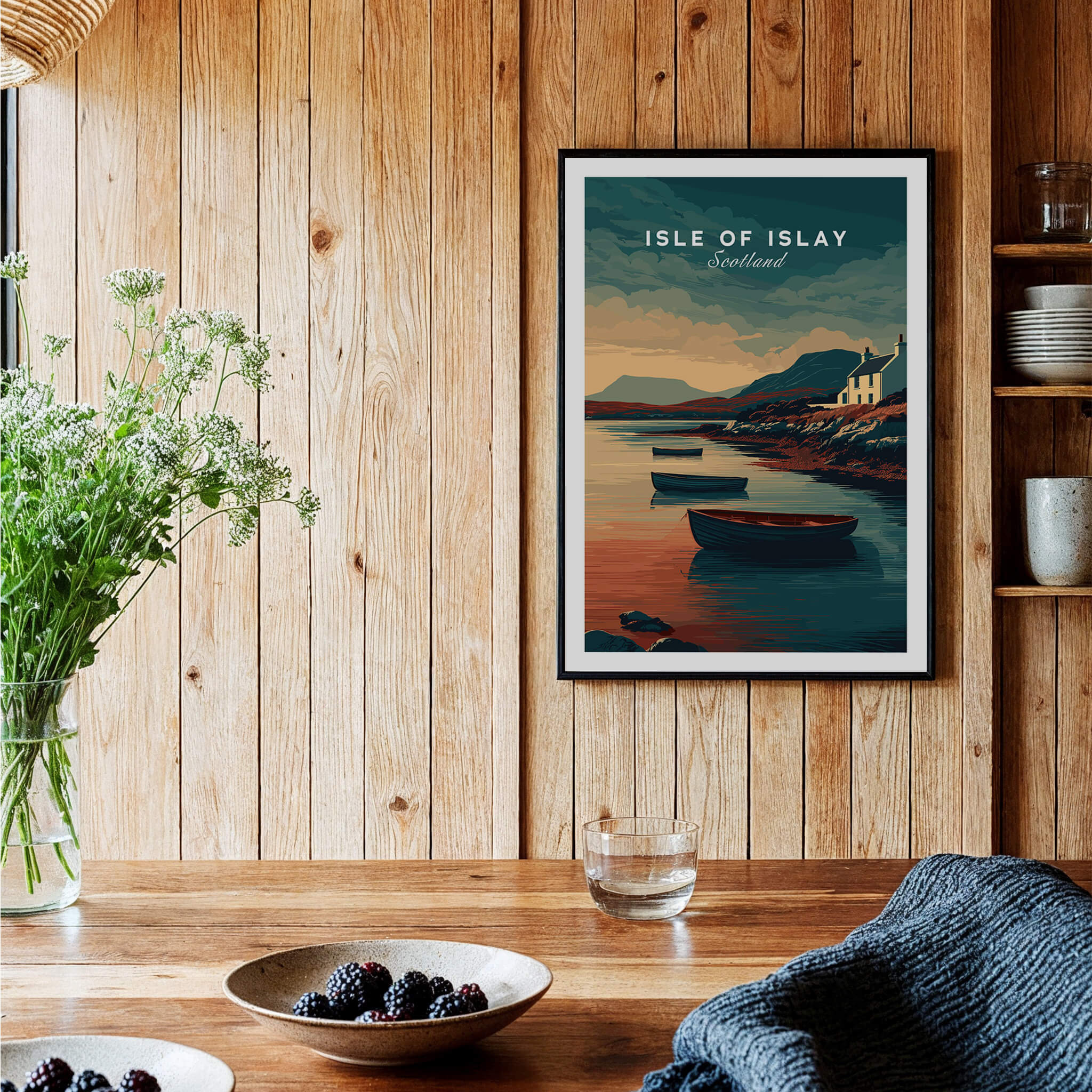 Isle of Islay Scotland Wall Art Print | Coastal Boats Travel Poster featuring coastal boats in serene setting.